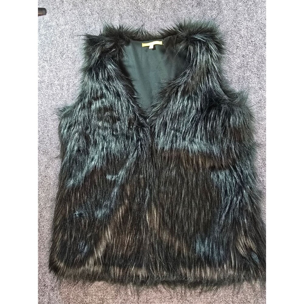Gianni Bini Faux Fur Vest Womens L Dark Green Sleeveless Jacket Soft Layering